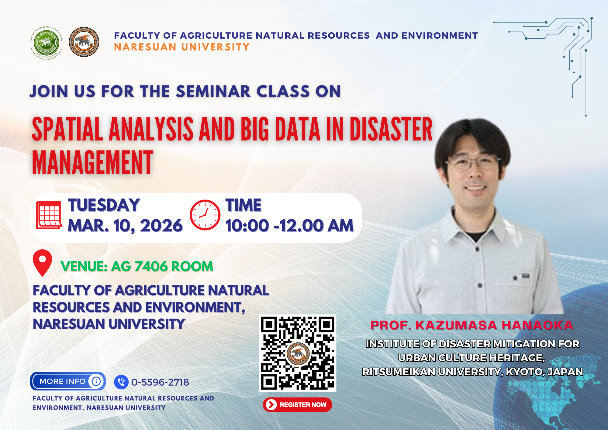 ขอเชิญชวนเข้าร่วมสัมมนา หัวข้อ “Spatial Analysis and Big Data in Disaster Management” โดย Prof. Kazumasa Hanaoka Ritsumeikan University, Kyoto, Japan
