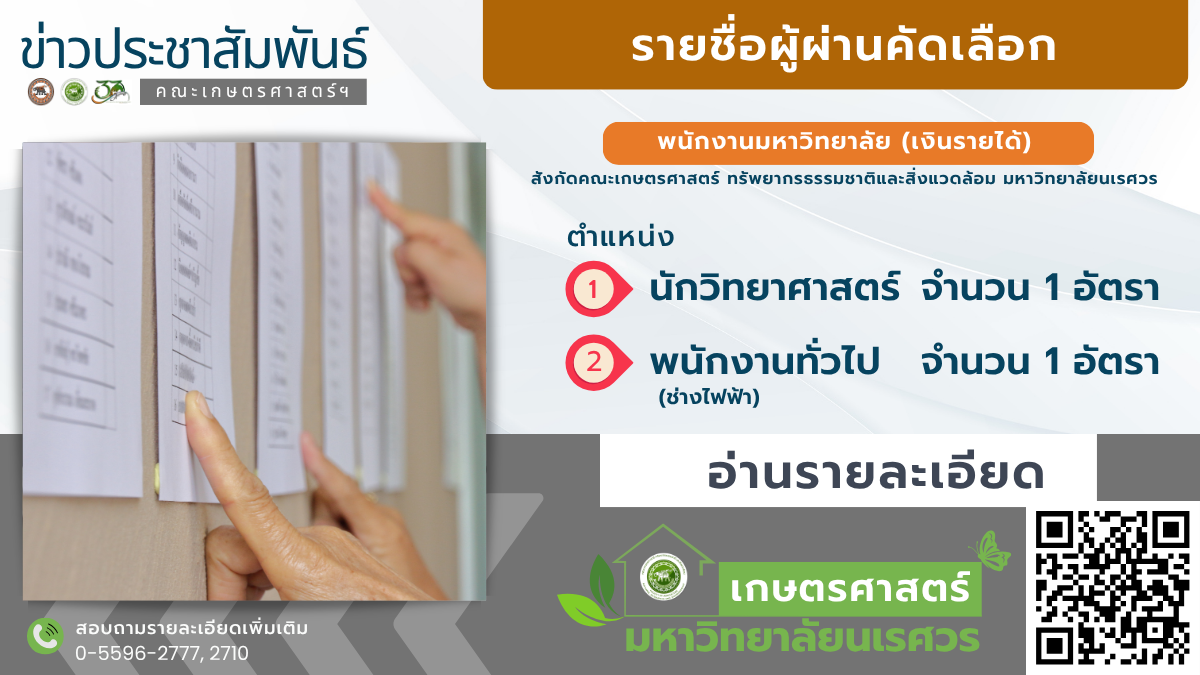 ประกาศผลการสอบคัดเลือกบุคคลเข้าเป็นพนักงานมหาวิทยาลัยสายสนับสนุนเงินรายได้ ตำแหน่ง นักวิทยาศาสตร์และพนักงานราชการ เงินรายได้ตำแหน่ง พนักงานทั่วไป