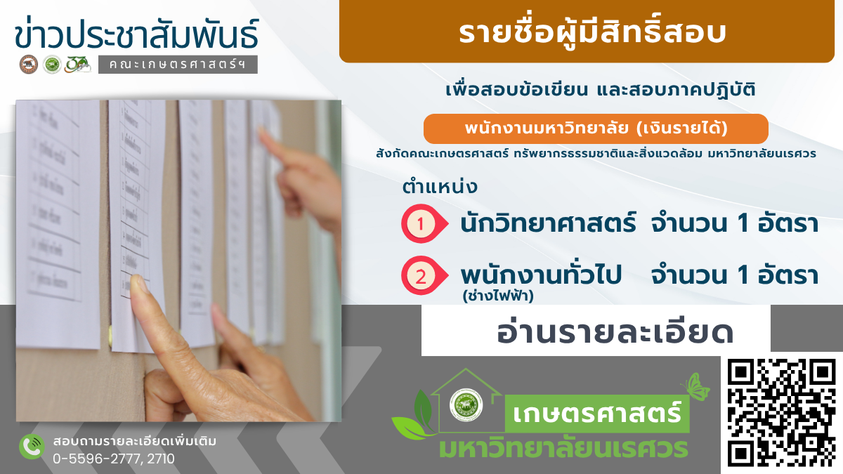 ประกาศรายชื่อผู้มีสิทธิ์สอบข้อเขียน และสอบภาคปฏิบัติ เพื่อคัดเลือกเข้าเป็นพนักงานมหาวิทยาลัย (เงินรายได้)ตำแหน่ง นักวิทยาศาสตร์ และพนักงานทั่วไป